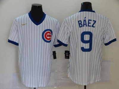 Chicago Cubs #9 Javier Baez White Stripe 2020 Pullover Cool Base Jersey