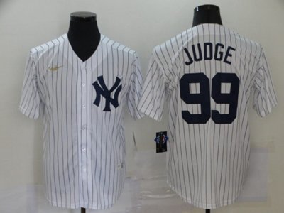 New York Yankees #99 Aaron Judge White Stripe Gold Logo Cool Base Jersey