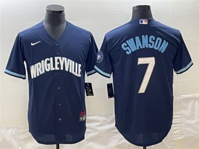 Chicago Cubs #7 Dansby Swanson Navy City Connect Cool Base Jersey