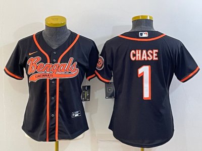 Womens Cincinnati Bengals #1 Ja'Marr Chase Black Baseball Cool Base Jersey