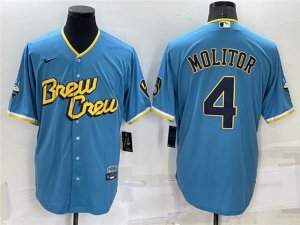Milwaukee Brewers #4 Paul Molitor Powder Blue 2022 City Connect Cool Base Jersey