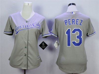 Women's Kansas City Royals #13 Salvador Perez Gray Cool Base Jersey
