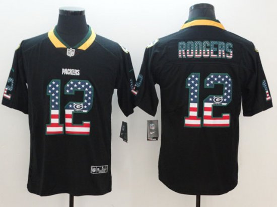 Green Bay Packers #12 Aaron Rodgers Black USA Flag Fashion Limited Jersey