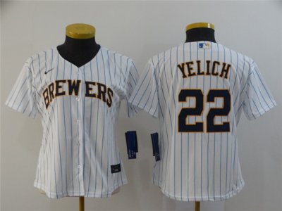 Women's Milwaukee Brewers #22 Christian Yelich White Stripe Cool Base Jersey