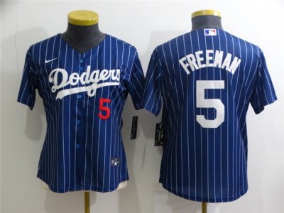 Women's Los Angeles Dodgers #5 Freddie Freeman Blue Pinstripe Cool Base Jersey