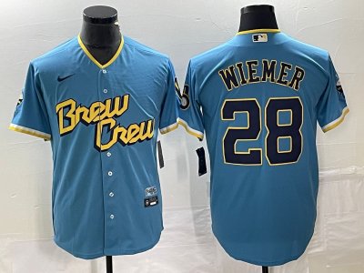 Milwaukee Brewers #28 Joey Wiemer Powder Blue 2022 City Connect Cool Base Jersey