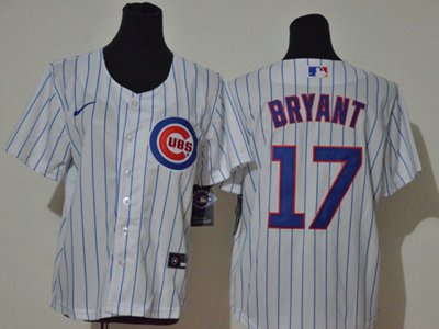 Youth Chicago Cubs #17 Kris Bryant White Stripe Cool Base Jersey