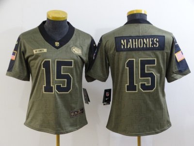 Women's Kansas City Chiefs #15 Patrick Mahomes 2021 Olive Salute To Service Limited Jersey