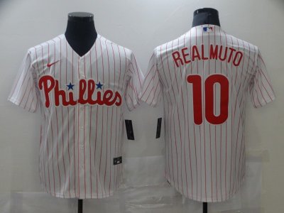 Philadelphia Phillies #10 J.T. Realmuto White Pinstripe Cool Base Jersey