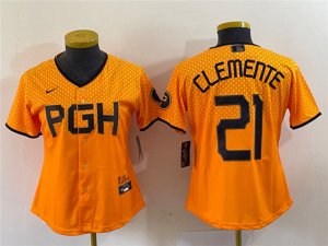 Womens Pittsburgh Pirates #21 Roberto Clemente Gold 2023 City Connect Jersey