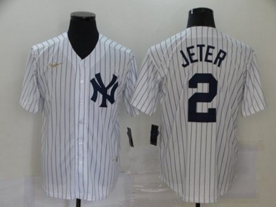 New York Yankees #2 Derek Jeter White Stripe (Gold Logo) Cool Base Jersey