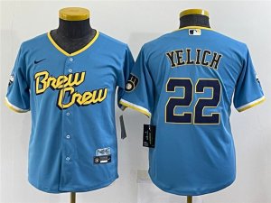 Youth Milwaukee Brewers #22 Christian Yelich Powder Blue 2022 City Connect Cool Base Jersey