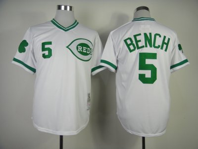 Cincinnati Reds #5 Johnny Bench White (Green Number) Throwback Jersey