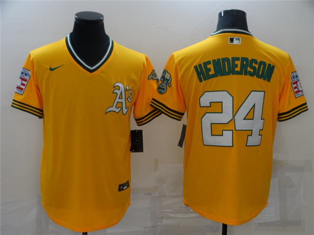 Oakland Athletics #24 Rickey Henderson Throwback Gold Jersey - Click Image to Close