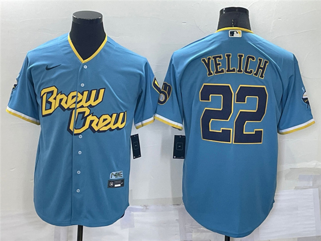 Milwaukee Brewers #22 Christian Yelich Powder Blue 2022 City Connect Cool Base Jersey - Click Image to Close