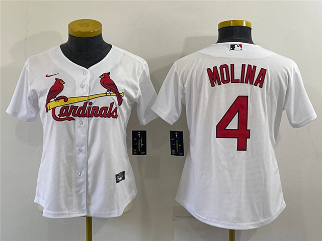 Women's St. Louis Cardinals #4 Yadier Molina White Cool Base Jersey - Click Image to Close