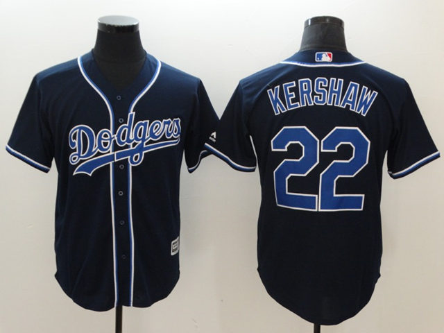 Los Angeles Dodgers #22 Clayton Kershaw Navy Cool Base Jersey - Click Image to Close