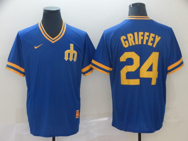 Seattle Mariners #24 Ken Griffey Jr. Cooperstown Throwback Blue Jersey - Click Image to Close