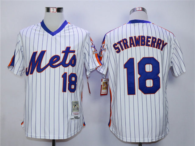 New York Mets #18 Darryl Strawberry 1986 White Pinstripe Throwback Jersey - Click Image to Close