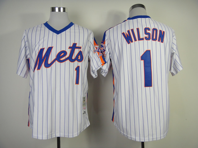 New York Mets #1 Mookie Wilson 1986 Throwback White Pinstripe Jersey - Click Image to Close