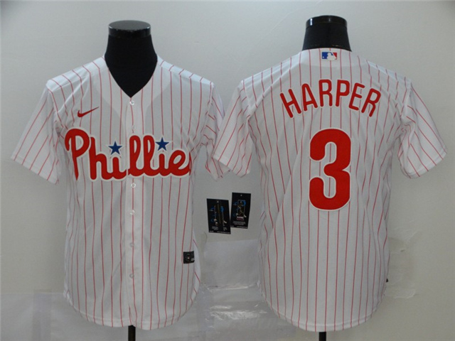 Philadelphia Phillies #3 Bryce Harper White Stripe Cool Base Jersey - Click Image to Close