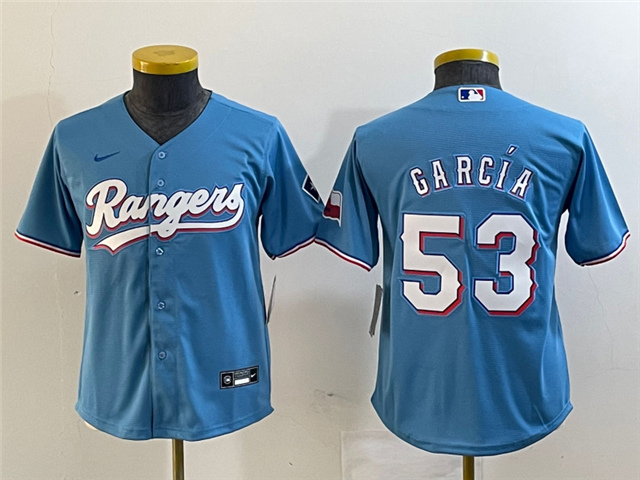 Youth Texas Rangers #53 Adolis Garcia Light Blue Cool Base Jersey - Click Image to Close