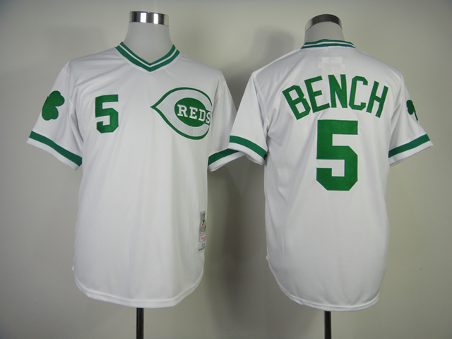 Cincinnati Reds #5 Johnny Bench White (Green Number) Throwback Jersey - Click Image to Close