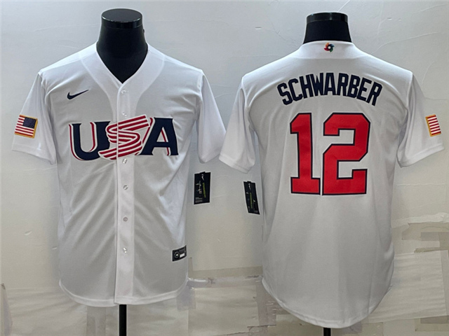 USA #12 Kyle Schwarber White 2023 World Baseball Classic Jersey - Click Image to Close