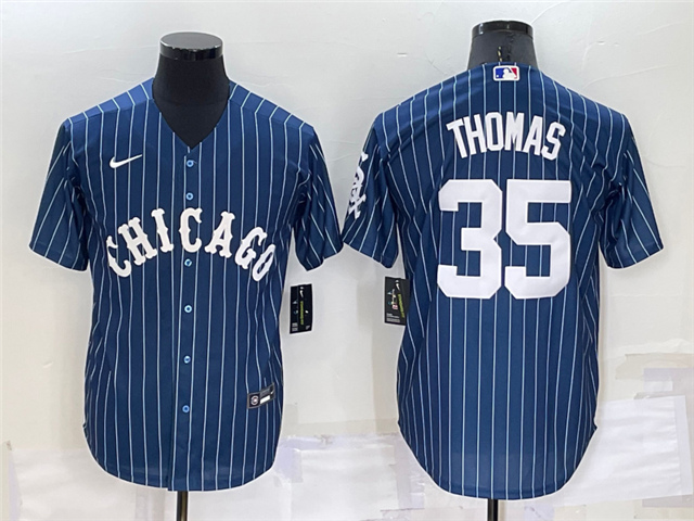 Chicago White Sox #35 Frank Thomas Blue Pinstripe Cool Base Jersey - Click Image to Close