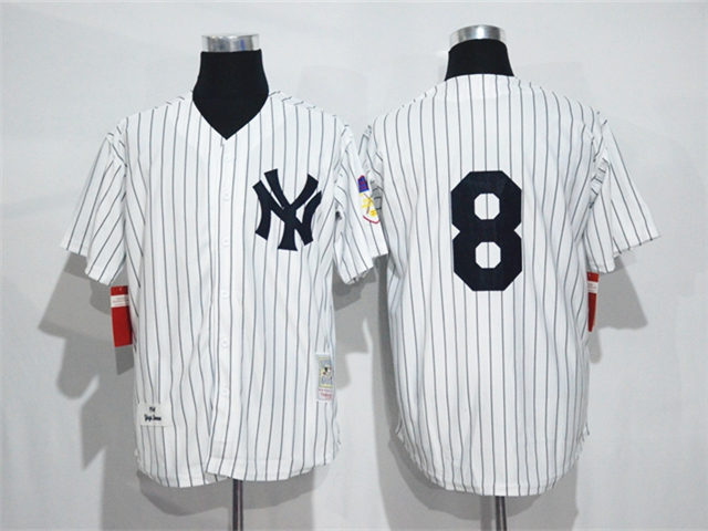 New York Yankees #8 Yogi Berra White Pinstripe Throwback Jersey - Click Image to Close