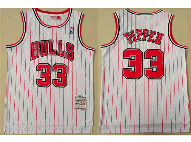 Chicago Bulls #33 Scottie Pippen White Pinstripe Hardwood Classics Jersey - Click Image to Close