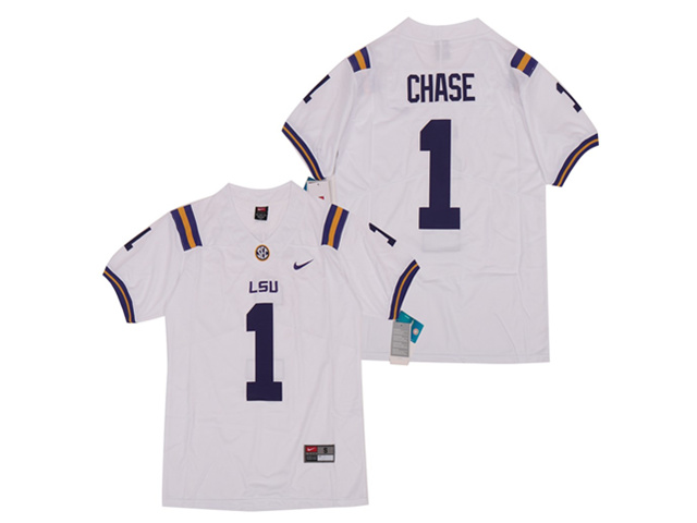 NCAA LSU Tigers #1 Ja'Marr Chase White College Football Jersey - Click Image to Close