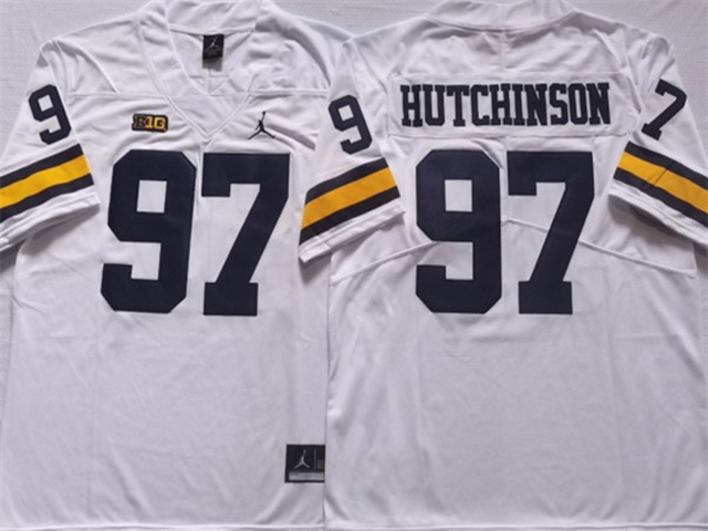 NCAA Michigan Wolverines #97 Aidan Hutchinson White College Football Jersey - Click Image to Close