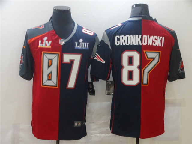 Tampa Bay Buccaneers #87 Rob Gronkowski Split Red/Navy Super Bowl LV/LIII Jersey - Click Image to Close
