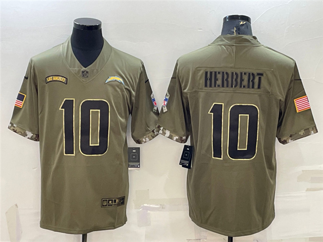 Los Angeles Chargers #10 Justin Herbert 2022 Olive Salute To Service Limited Jersey - Click Image to Close