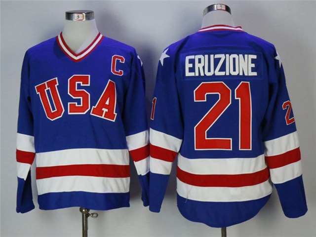 1980 Winter Olympics Team USA #21 Mike Eruzione CCM Vintage Blue Hockey Jersey - Click Image to Close
